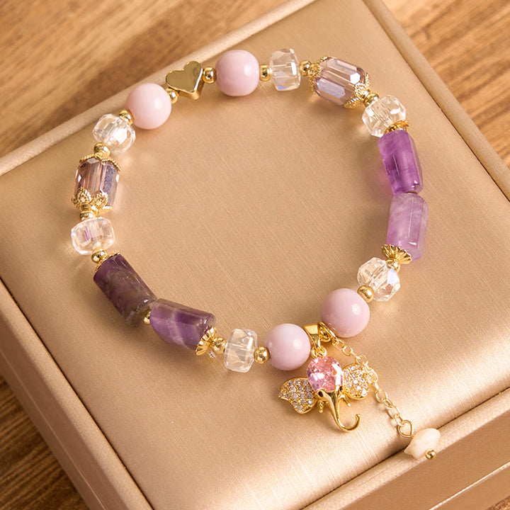 Buddha Stones Amethyst Green Aventurine Strawberry Quartz Positive Elephant Charm Bracelet - image 3