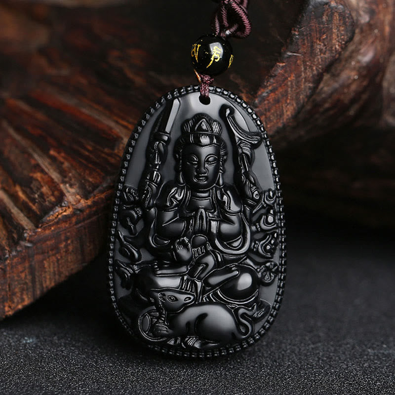 Buddha Stones Chinese Zodiac Natal Buddha Natural Black Obsidian Purification Necklace Pendant - Rat-Thousand-armed Avalokitesvara - image 13