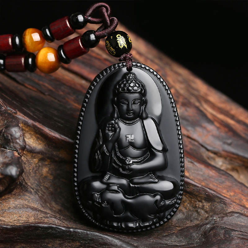 Buddha Stones Chinese Zodiac Natal Buddha Natural Black Obsidian Purification Necklace Pendant - Pig-Amitabha Buddha - image 0