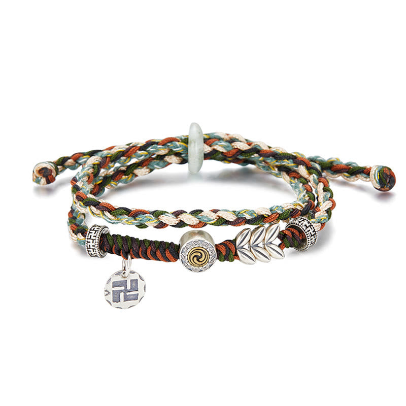 Buddha Stones 925 Sterling Silver Swastika Wheat Pattern Handmade Luck Bracelet - image 2
