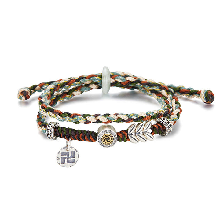 Buddha Stones 925 Sterling Silver Swastika Wheat Pattern Handmade Luck Bracelet - image 2