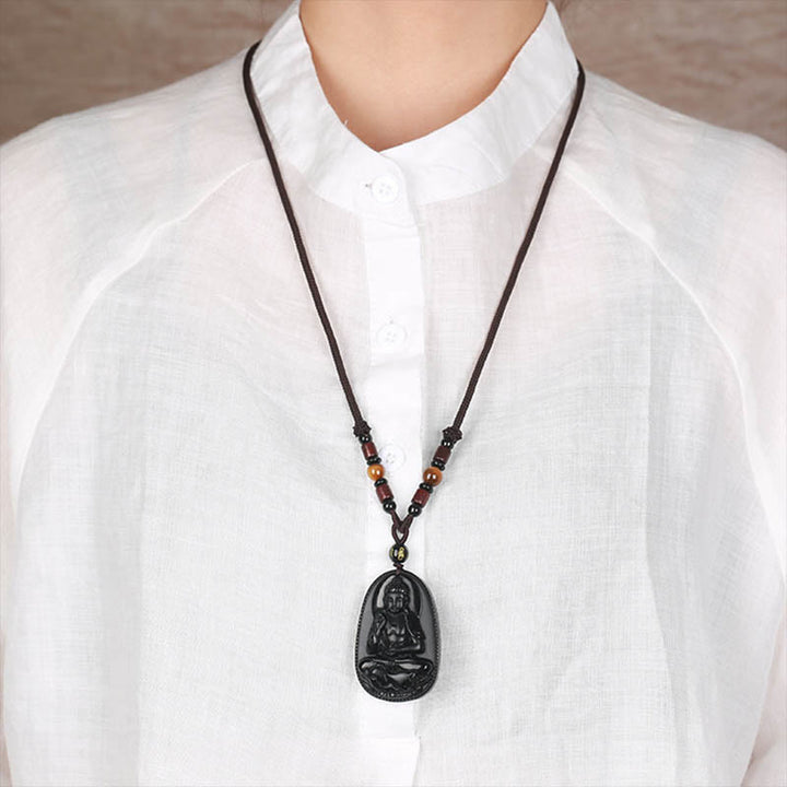 Buddha Stones Chinese Zodiac Natal Buddha Natural Black Obsidian Purification Necklace Pendant - image 10