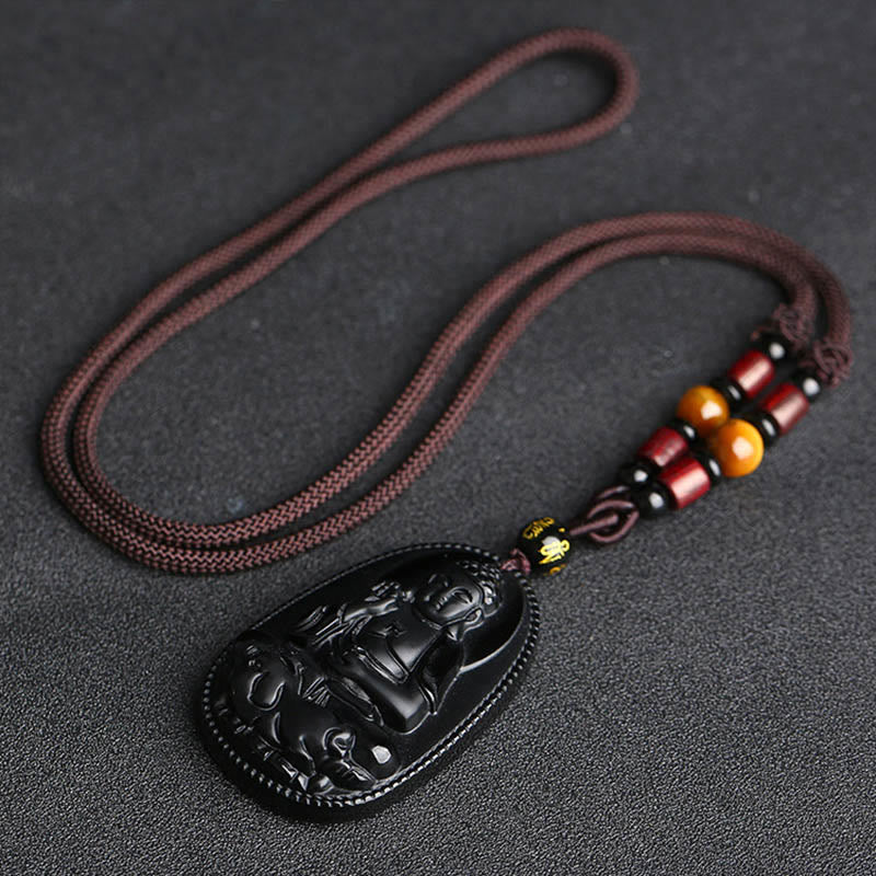 Buddha Stones Chinese Zodiac Natal Buddha Natural Black Obsidian Purification Necklace Pendant - image 3
