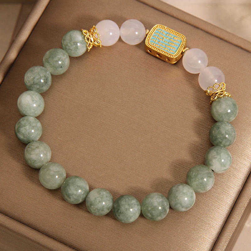 Buddha Stones Natural Green Jade White Agate Five Scriptures Abundance Bracelet - image 1