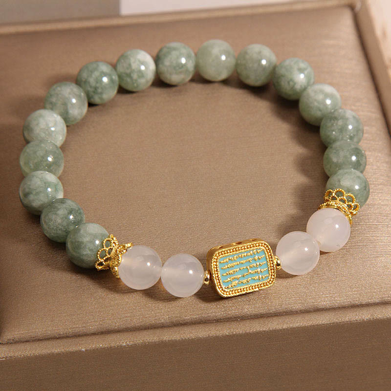 Buddha Stones Natural Green Jade White Agate Five Scriptures Abundance Bracelet - Jade(Wrist Circumference: 14-16cm) - image 0