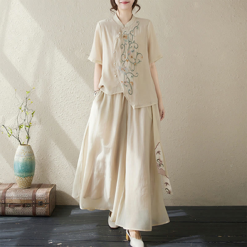 Buddha Stones 2Pcs Flower Embroidery Short Sleeve Tee T-shirt Wide Leg Pants Set - image 1