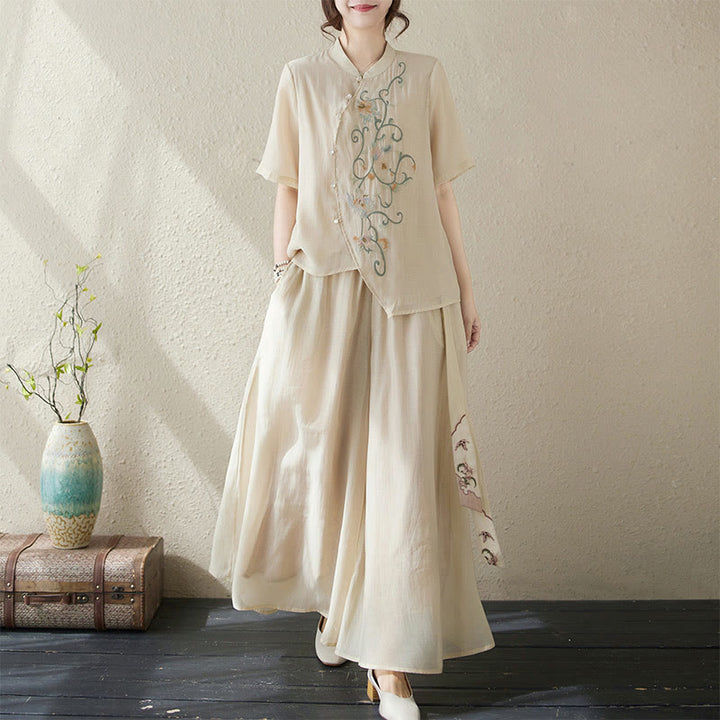 Buddha Stones 2Pcs Flower Embroidery Short Sleeve Tee T-shirt Wide Leg Pants Set - image 1