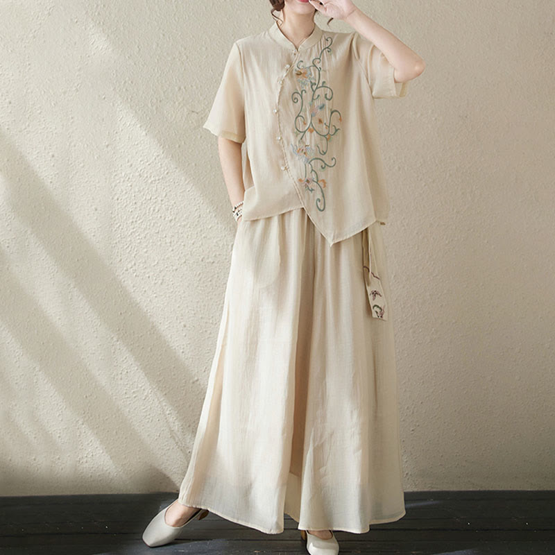 Buddha Stones 2Pcs Flower Embroidery Short Sleeve Tee T-shirt Wide Leg Pants Set - Khaki(Top&Pants) - US6，UK/AU10，EU38 (XL) - image 0