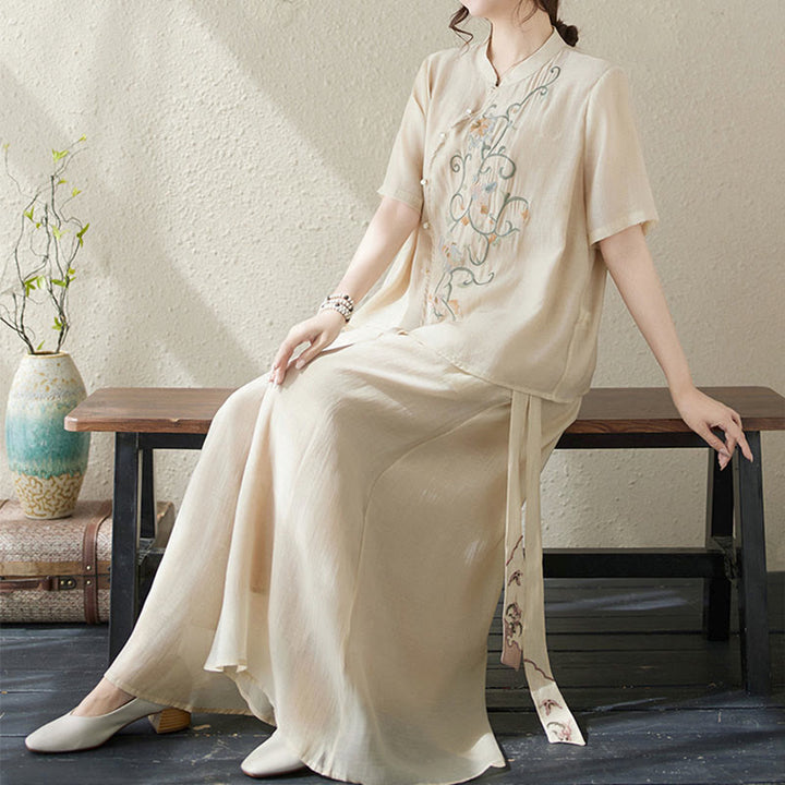 Buddha Stones 2Pcs Flower Embroidery Short Sleeve Tee T-shirt Wide Leg Pants Set - image 4