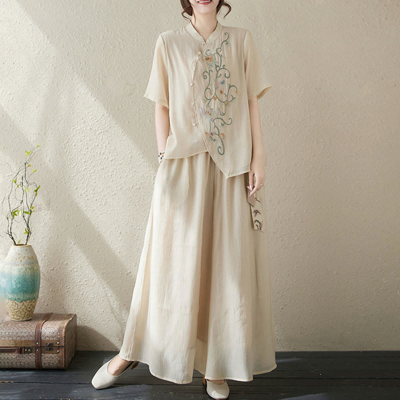 Buddha Stones 2Pcs Flower Embroidery Short Sleeve Tee T-shirt Wide Leg Pants Set - image 6