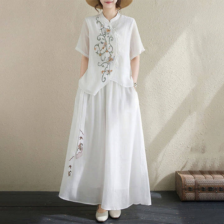 Buddha Stones 2Pcs Flower Embroidery Short Sleeve Tee T-shirt Wide Leg Pants Set - image 15