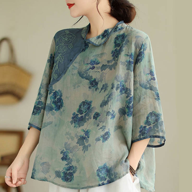 Buddha Stones PLUS SIZE Blue Jacaranda Flower Design Three Quarter Sleeve Ramie Linen Shirt - image 4