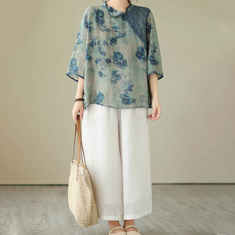 Buddha Stones PLUS SIZE Blue Jacaranda Flower Design Three Quarter Sleeve Ramie Linen Shirt - image 13