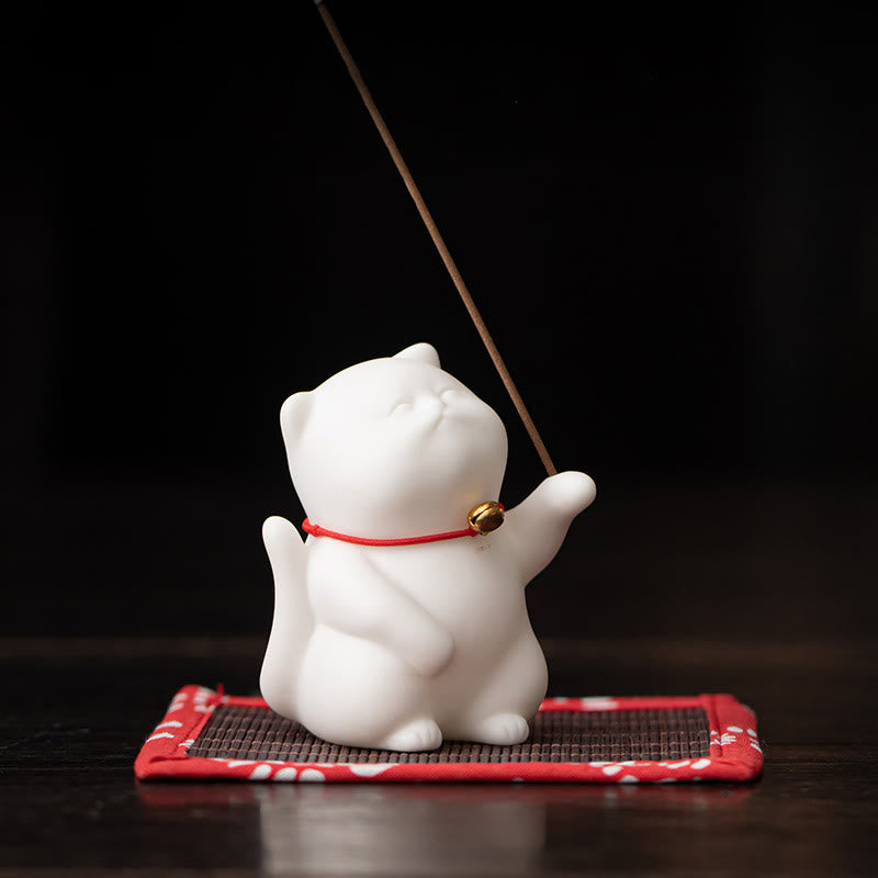 Buddha Stones Mini Cute Cat Ceramic Healing Incense Burner Desk Decoration - image 1