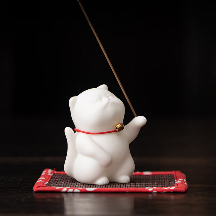 Buddha Stones Mini Cute Cat Ceramic Healing Incense Burner Desk Decoration - image 1
