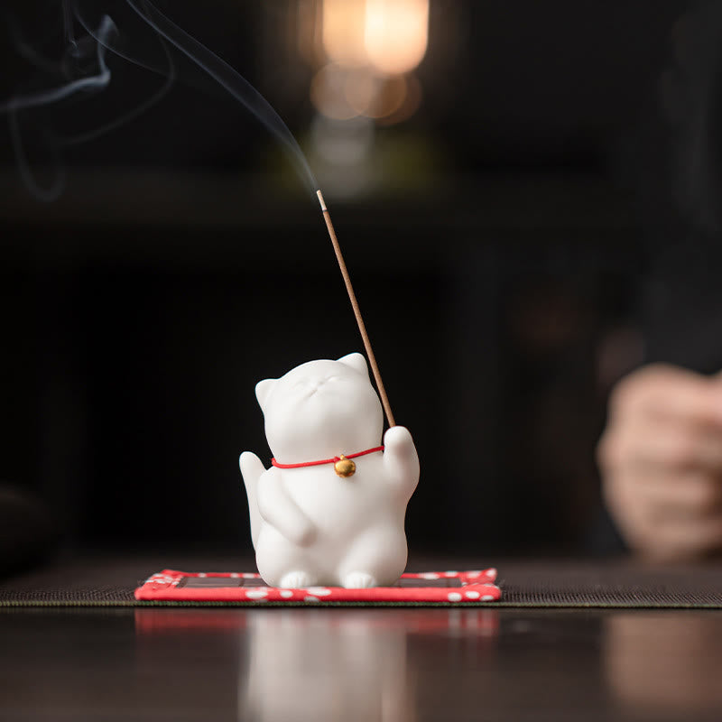 Buddha Stones Mini Cute Cat Ceramic Healing Incense Burner Desk Decoration - Cat 5*4.7*6.8cm&Bamboo Mat 10cm - image 0