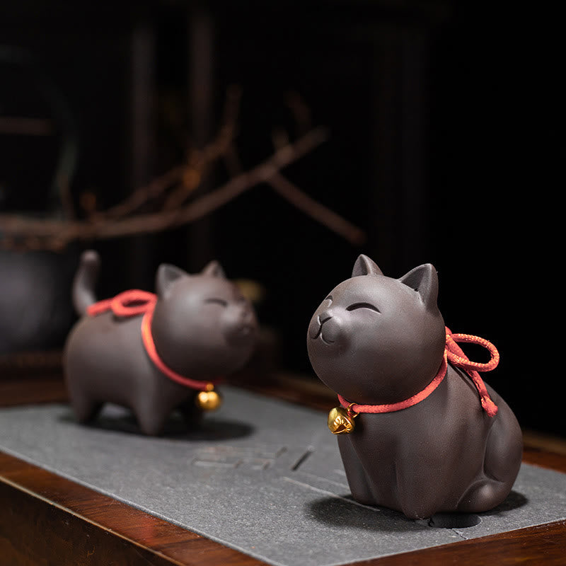 Buddha Stones Mini Lovely Cat Tea Pet Purple Clay Figurine Desk Decoration - image 0