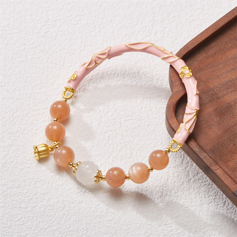 Buddha Stones Sun Stone Golden Silk Jade Lily of the Valley Charm Positive Bracelet Bangle - Sun Stone&One Golden Silk Jade 14-16cm - image 0