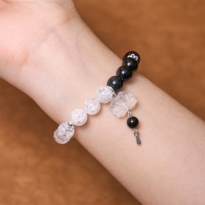 Buddha Stones Silver Sheen Obsidian Crackle Clear Quartz Black Rutilated Quartz Yin Yang Lotus Protection Bracelet - image 6