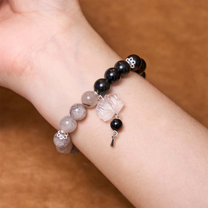 Buddha Stones Silver Sheen Obsidian Crackle Clear Quartz Black Rutilated Quartz Yin Yang Lotus Protection Bracelet - image 17