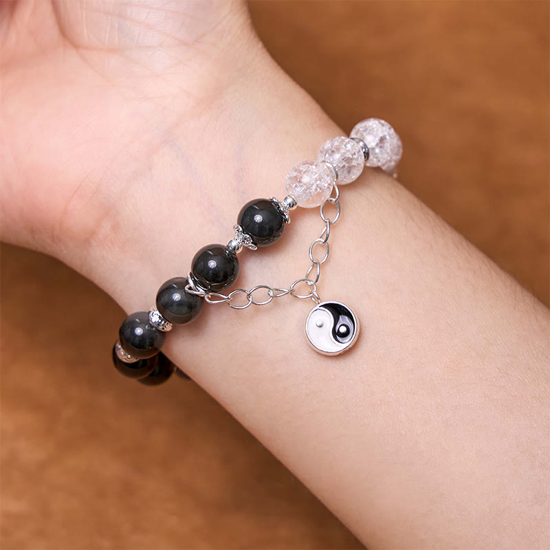 Buddha Stones Silver Sheen Obsidian Crackle Clear Quartz Black Rutilated Quartz Yin Yang Lotus Protection Bracelet - image 5