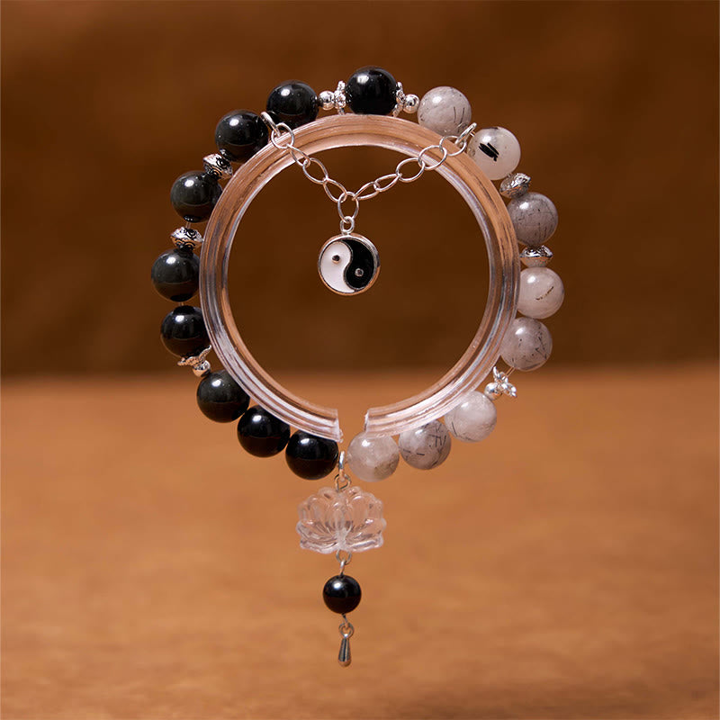 Buddha Stones Silver Sheen Obsidian Crackle Clear Quartz Black Rutilated Quartz Yin Yang Lotus Protection Bracelet - image 18
