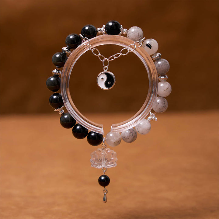 Buddha Stones Silver Sheen Obsidian Crackle Clear Quartz Black Rutilated Quartz Yin Yang Lotus Protection Bracelet - image 18