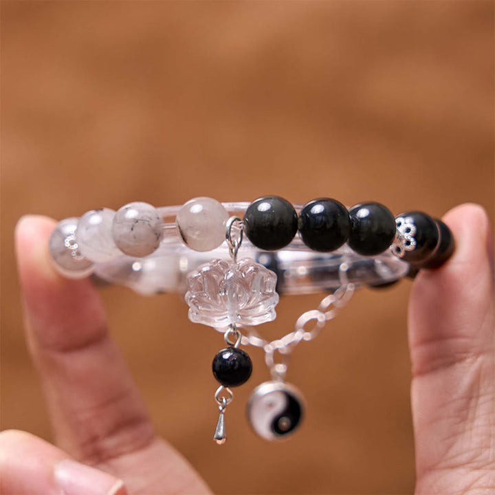 Buddha Stones Silver Sheen Obsidian Crackle Clear Quartz Black Rutilated Quartz Yin Yang Lotus Protection Bracelet - image 20