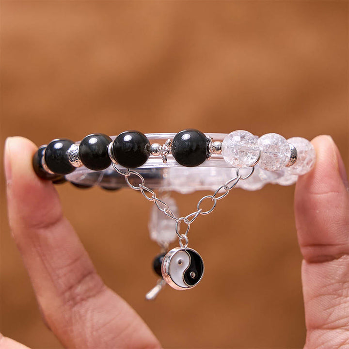 Buddha Stones Silver Sheen Obsidian Crackle Clear Quartz Black Rutilated Quartz Yin Yang Lotus Protection Bracelet - image 10