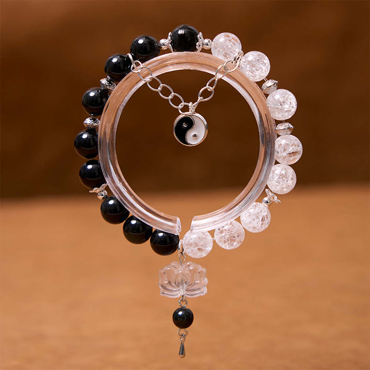 Buddha Stones Silver Sheen Obsidian Crackle Clear Quartz Black Rutilated Quartz Yin Yang Lotus Protection Bracelet - image 7