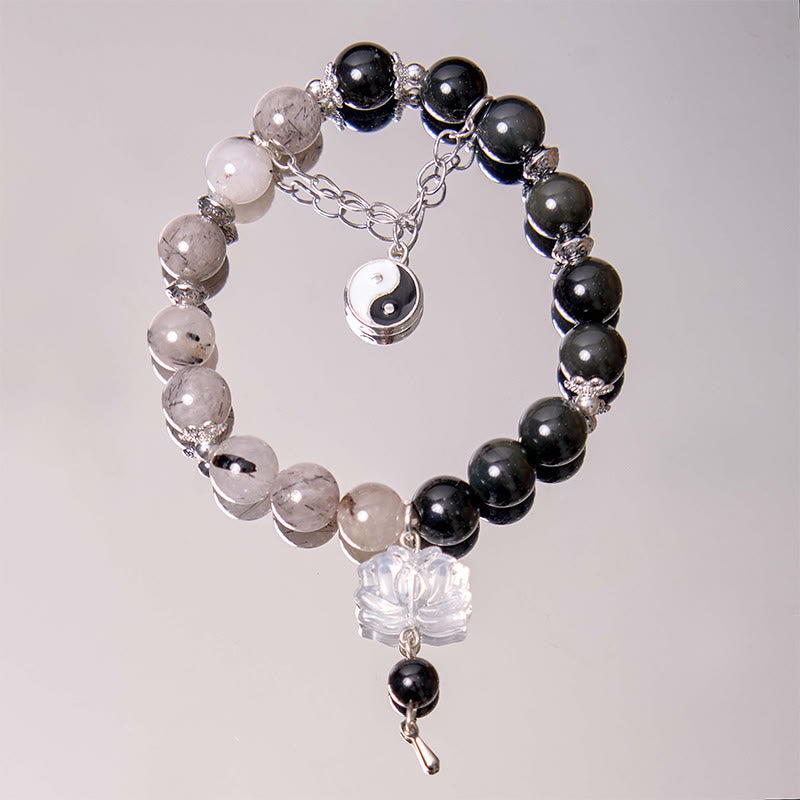Buddha Stones Silver Sheen Obsidian Crackle Clear Quartz Black Rutilated Quartz Yin Yang Lotus Protection Bracelet - Silver Sheen Obsidian&Black Rutilated Quartz(Wrist Circumference 14-16cm) - image 12