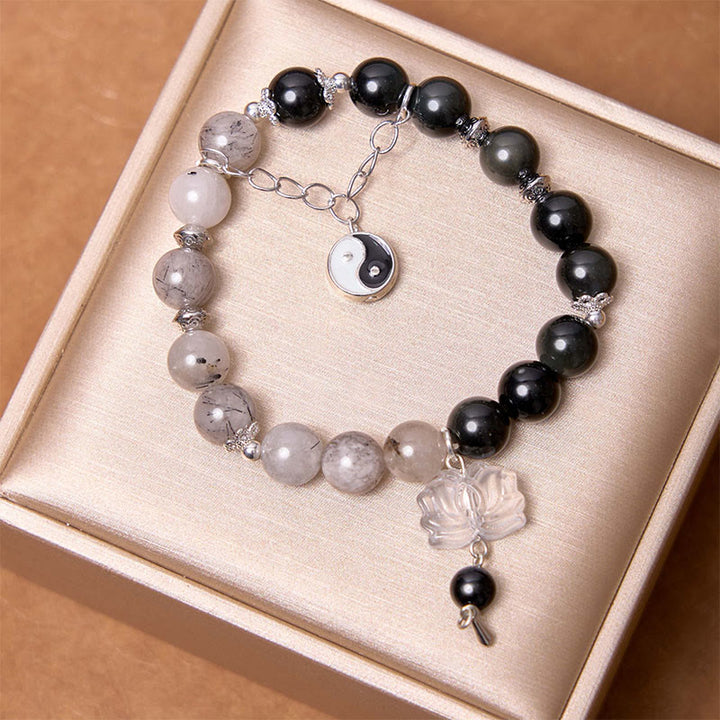 Buddha Stones Silver Sheen Obsidian Crackle Clear Quartz Black Rutilated Quartz Yin Yang Lotus Protection Bracelet - image 13