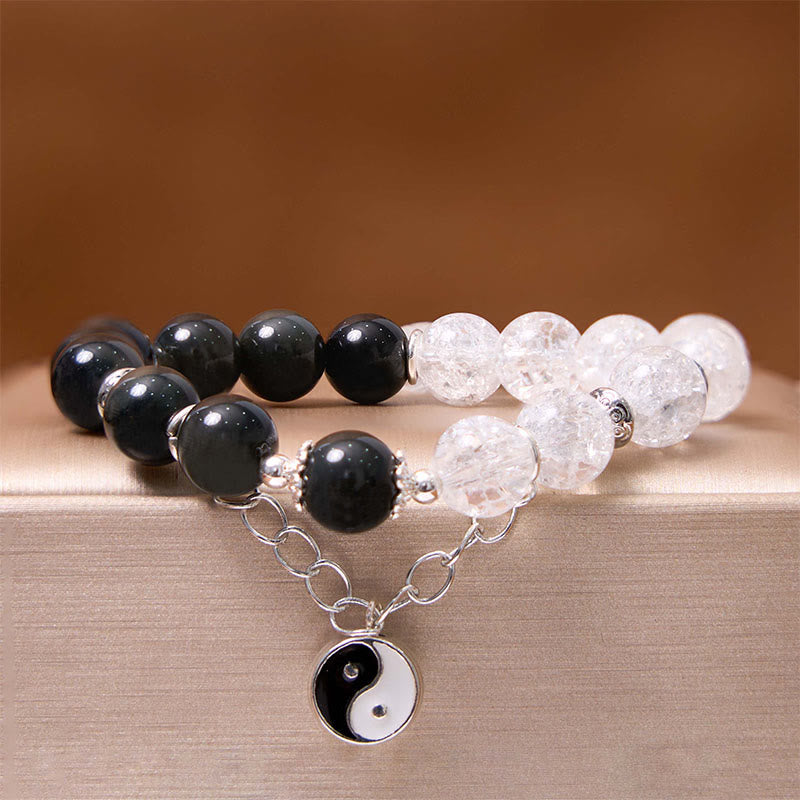 Buddha Stones Silver Sheen Obsidian Crackle Clear Quartz Black Rutilated Quartz Yin Yang Lotus Protection Bracelet - image 3