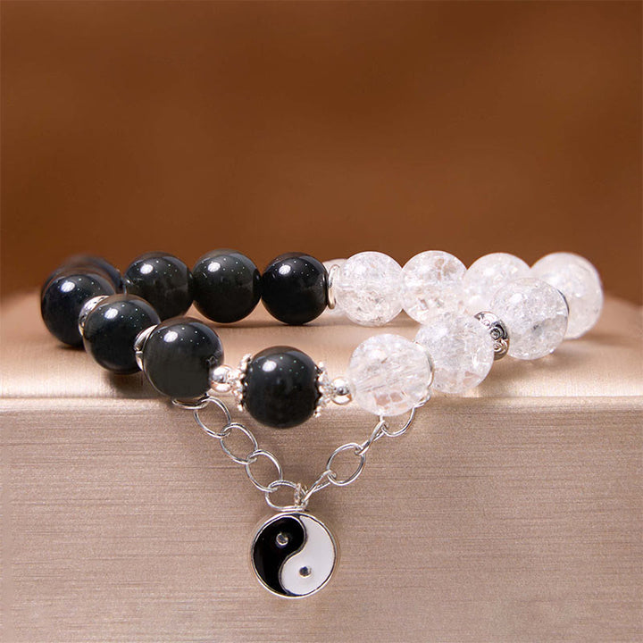 Buddha Stones Silver Sheen Obsidian Crackle Clear Quartz Black Rutilated Quartz Yin Yang Lotus Protection Bracelet - image 3