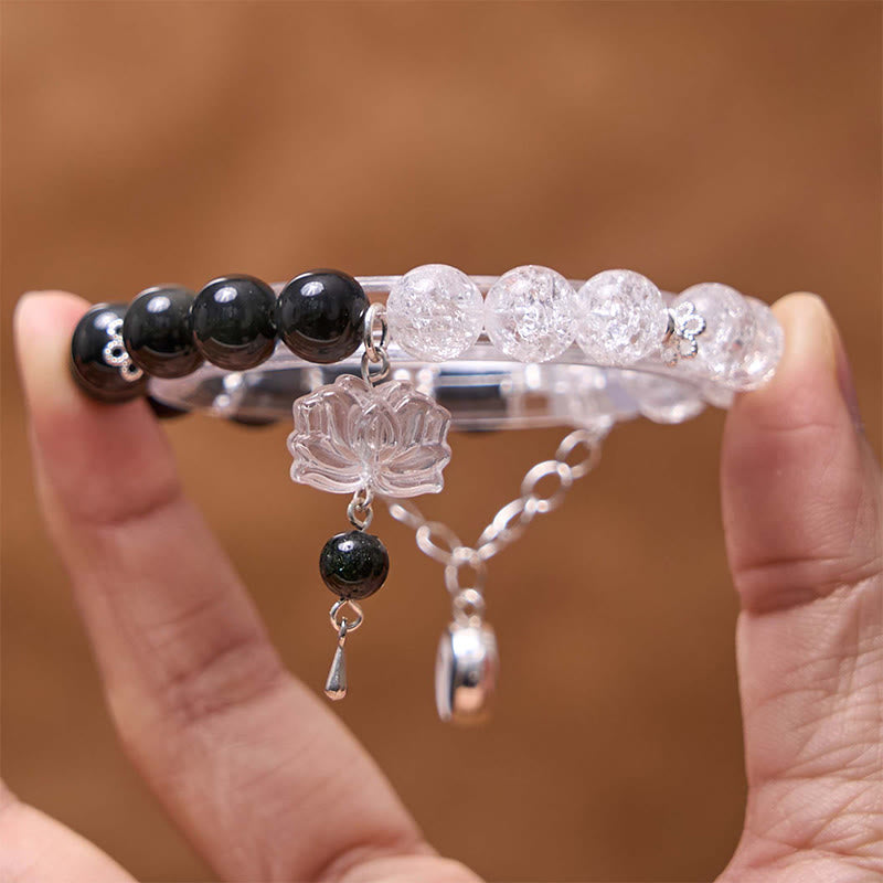 Buddha Stones Silver Sheen Obsidian Crackle Clear Quartz Black Rutilated Quartz Yin Yang Lotus Protection Bracelet - image 11