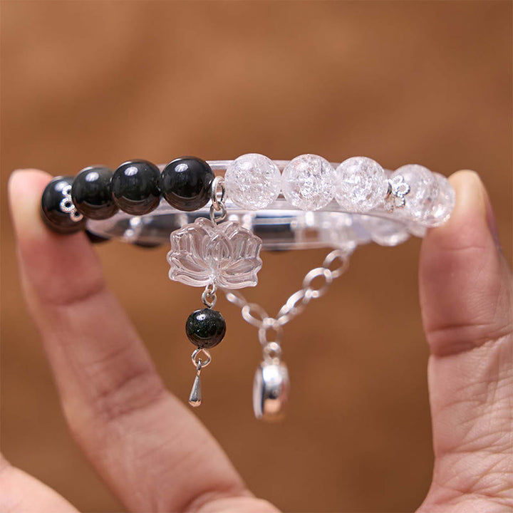 Buddha Stones Silver Sheen Obsidian Crackle Clear Quartz Black Rutilated Quartz Yin Yang Lotus Protection Bracelet - image 11