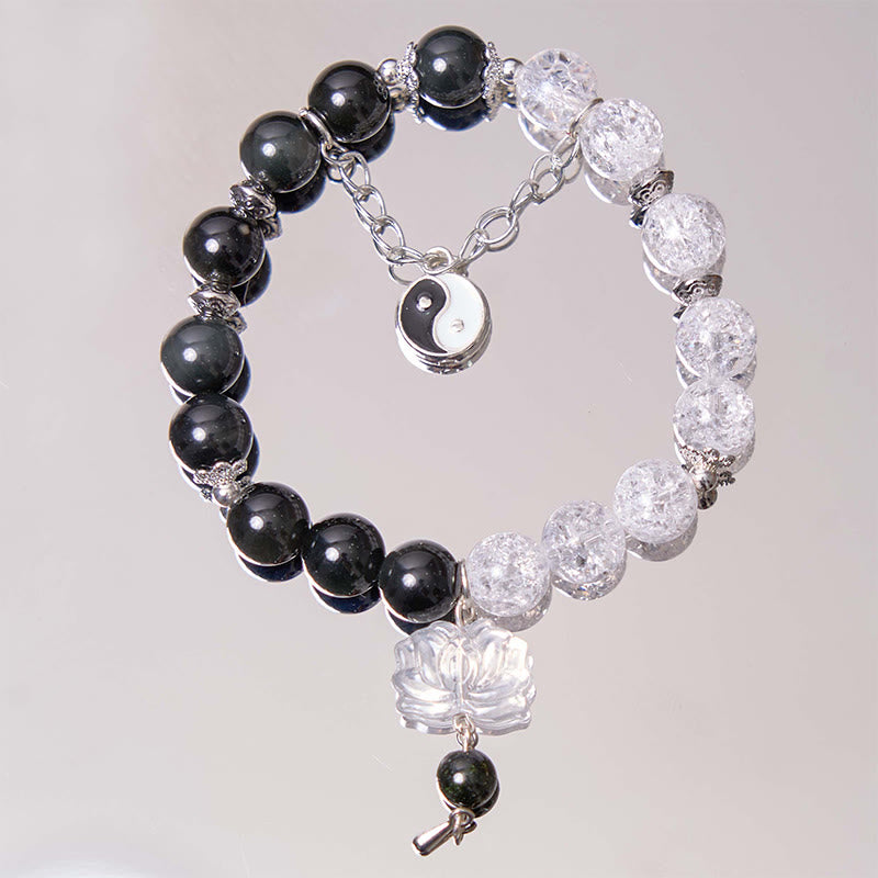 Buddha Stones Silver Sheen Obsidian Crackle Clear Quartz Black Rutilated Quartz Yin Yang Lotus Protection Bracelet - Silver Sheen Obsidian&Crackle Clear Quartz(Wrist Circumference 14-16cm) - image 0