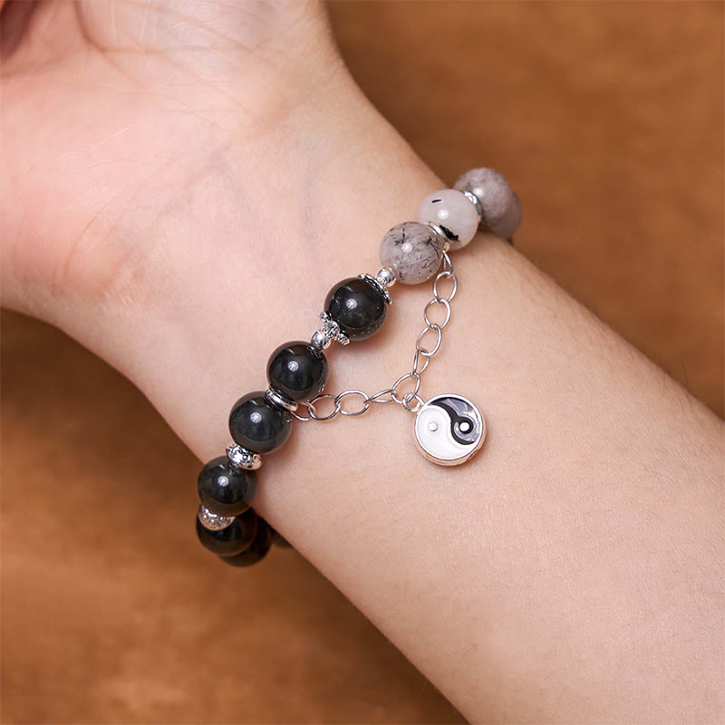 Buddha Stones Silver Sheen Obsidian Crackle Clear Quartz Black Rutilated Quartz Yin Yang Lotus Protection Bracelet - image 16
