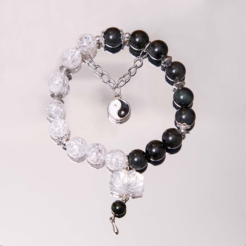 Buddha Stones Silver Sheen Obsidian Crackle Clear Quartz Black Rutilated Quartz Yin Yang Lotus Protection Bracelet - image 2