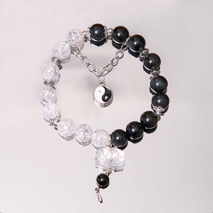Buddha Stones Silver Sheen Obsidian Crackle Clear Quartz Black Rutilated Quartz Yin Yang Lotus Protection Bracelet - image 2