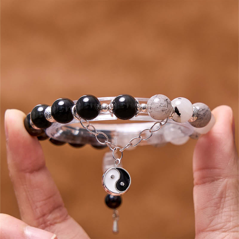 Buddha Stones Silver Sheen Obsidian Crackle Clear Quartz Black Rutilated Quartz Yin Yang Lotus Protection Bracelet - image 21