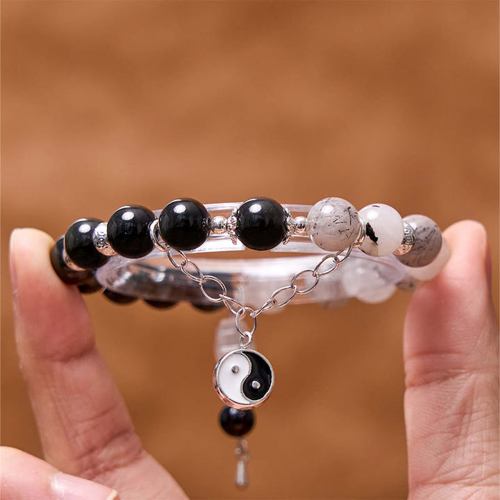 Buddha Stones Silver Sheen Obsidian Crackle Clear Quartz Black Rutilated Quartz Yin Yang Lotus Protection Bracelet - image 21