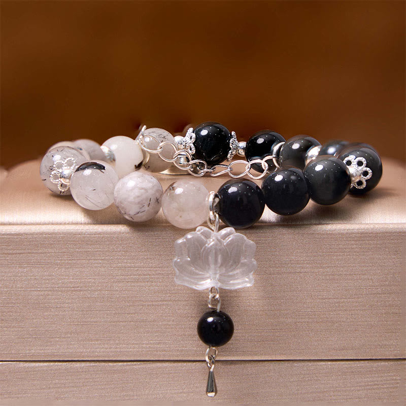Buddha Stones Silver Sheen Obsidian Crackle Clear Quartz Black Rutilated Quartz Yin Yang Lotus Protection Bracelet - image 15