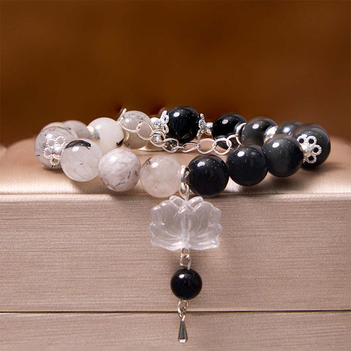 Buddha Stones Silver Sheen Obsidian Crackle Clear Quartz Black Rutilated Quartz Yin Yang Lotus Protection Bracelet - image 15