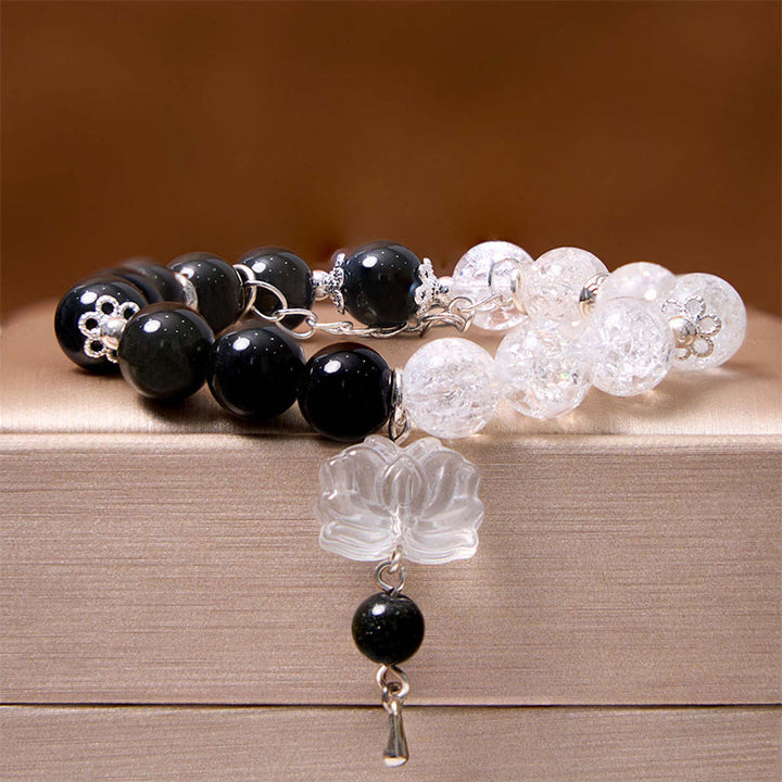 Buddha Stones Silver Sheen Obsidian Crackle Clear Quartz Black Rutilated Quartz Yin Yang Lotus Protection Bracelet - image 4