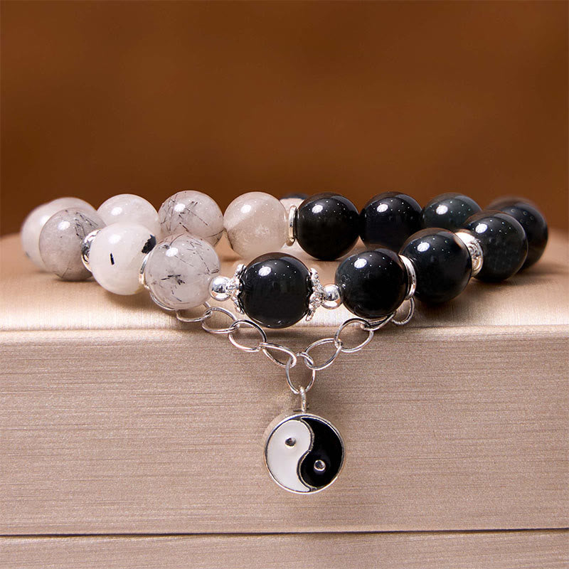 Buddha Stones Silver Sheen Obsidian Crackle Clear Quartz Black Rutilated Quartz Yin Yang Lotus Protection Bracelet - image 14