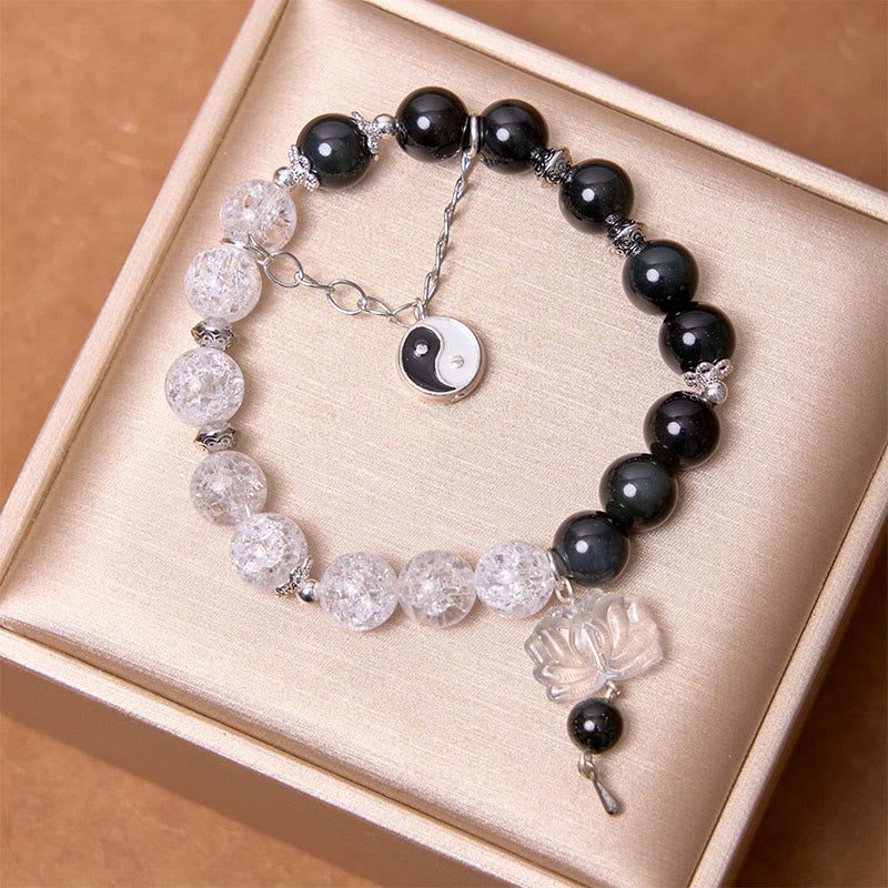 Buddha Stones Silver Sheen Obsidian Crackle Clear Quartz Black Rutilated Quartz Yin Yang Lotus Protection Bracelet - image 1