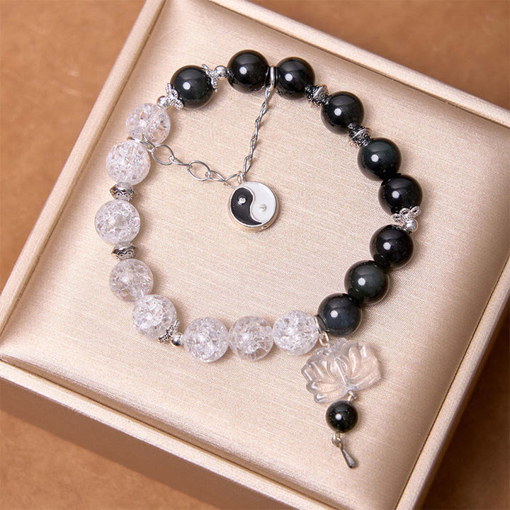 Buddha Stones Silver Sheen Obsidian Crackle Clear Quartz Black Rutilated Quartz Yin Yang Lotus Protection Bracelet - image 1