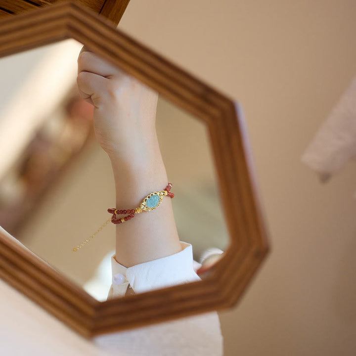 Buddha Stones 925 Sterling Silver Plated Gold Natural Red Agate Lotus Jade Calm Double Layer Bracelet - image 3