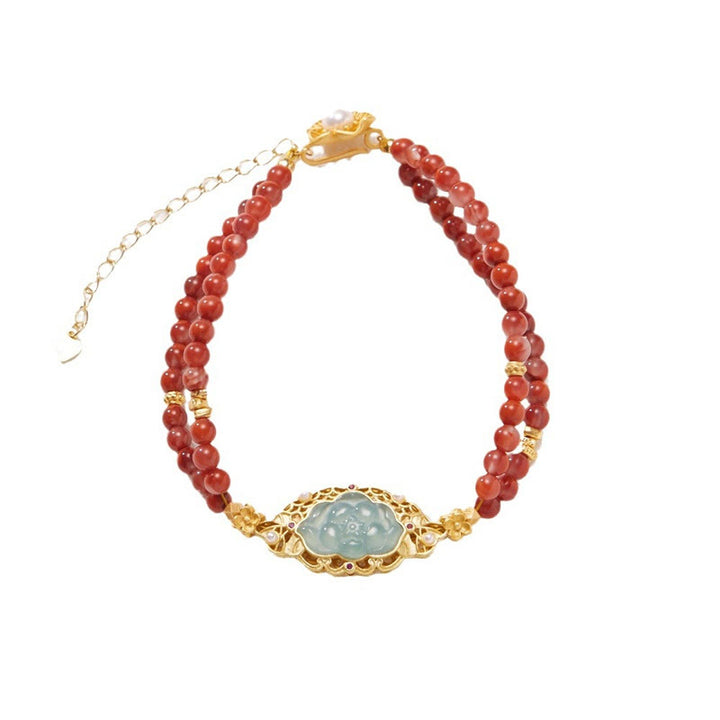 Buddha Stones 925 Sterling Silver Plated Gold Natural Red Agate Lotus Jade Calm Double Layer Bracelet - image 5
